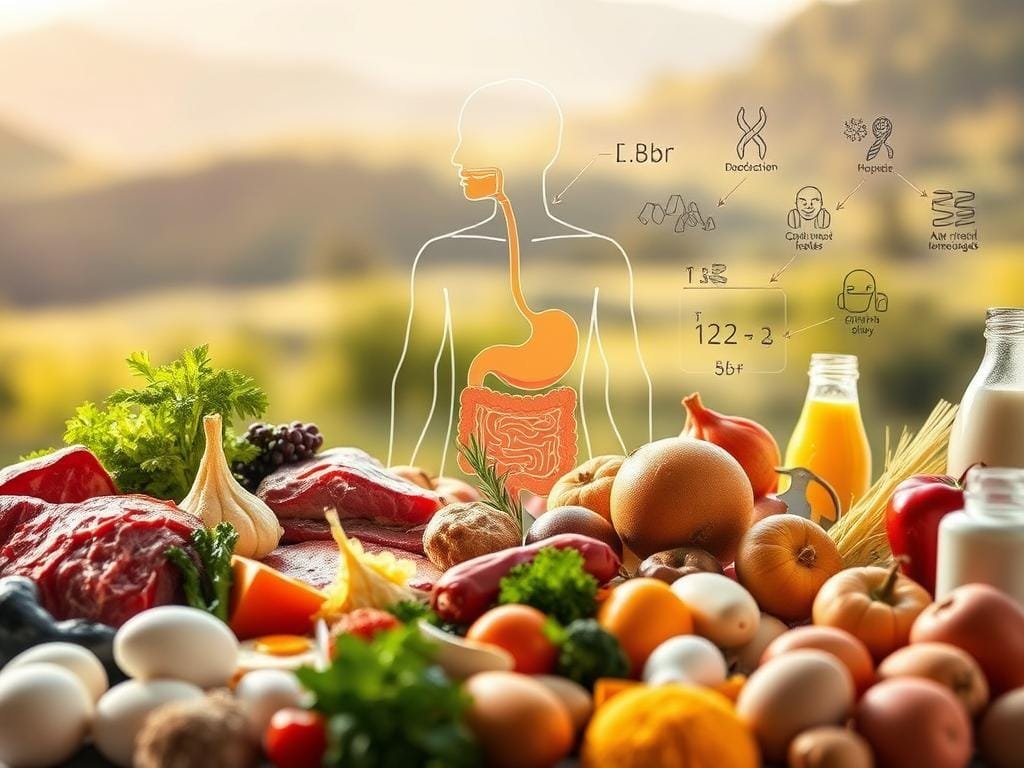 A detailed illustration of the common causes of vitamin B12 deficiency. In the foreground, a group of diverse food items representing the primary sources of B12, such as meat, fish, eggs, and dairy products. In the middle ground, anatomical diagrams highlighting the digestive system and highlighting the areas where B12 absorption occurs. In the background, a softly blurred landscape with elements symbolizing other contributing factors, such as genetic disorders, certain medications, and age-related changes. The scene is lit by a warm, natural light, creating a sense of depth and emphasizing the importance of B12 for overall health. The overall tone is educational and informative, inviting the viewer to understand the various underlying causes of this common nutritional deficiency.
