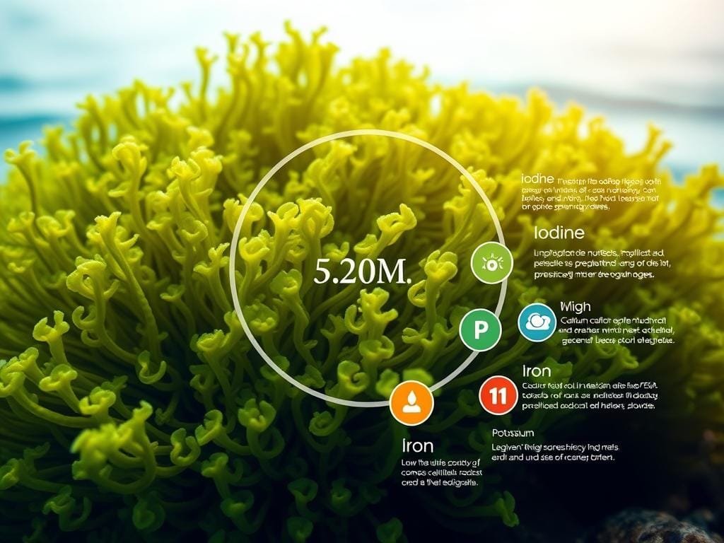 A detailed infographic showcasing the comprehensive nutritional profile of vibrant sea moss. In the foreground, a close-up illustration of a lush, verdant sea moss frond, its delicate tendrils woven together in a captivating display. The middle ground features a circular arrangement of key nutrients and minerals found in sea moss, including iodine, calcium, magnesium, iron, and potassium, each represented by colorful, minimalist icons. The background depicts a soft, gradient-based seascape, conveying a sense of the aquatic origin of this remarkable superfood. Subtle lighting from above casts a natural, ethereal glow over the entire composition, highlighting the nutritional richness and visual appeal of this exceptional marine botanical.
