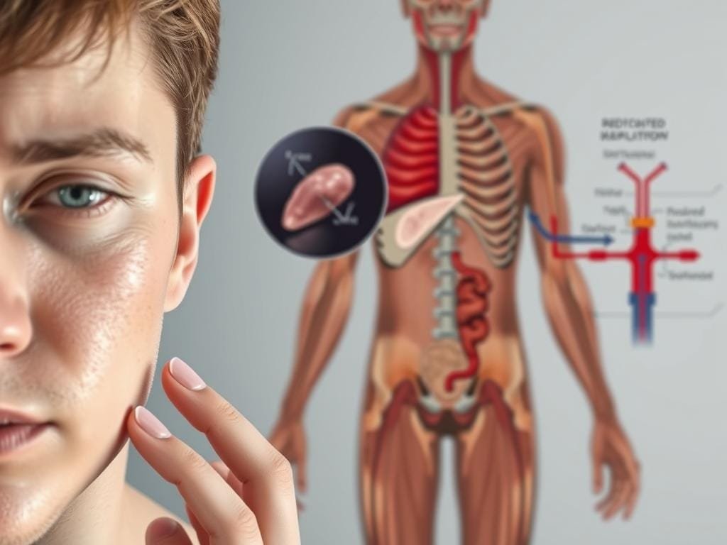 A detailed medical illustration showcasing the common symptoms of iron deficiency. In the foreground, a close-up view of a person's face, highlighting pale skin, dark circles under the eyes, and brittle nails. In the middle ground, a cross-section of the body revealing a depleted bone marrow and fatigued muscles. In the background, a schematic diagram of the circulatory system, illustrating the reduced hemoglobin levels and impaired oxygen transport. The lighting is soft and clinical, with a muted color palette emphasizing the medical nature of the subject. The composition is balanced, with the key elements arranged to convey the multifaceted nature of iron deficiency symptoms.
