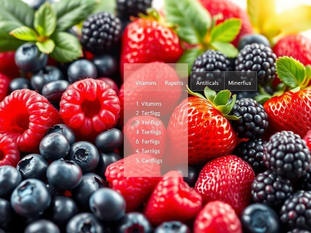 A detailed nutritional profile of various berries, captured in a visually compelling illustration. In the foreground, a vibrant array of berries - blueberries, raspberries, blackberries, and strawberries - each with their distinct colors and shapes, arranged in a harmonious composition. In the middle ground, a transparent overlay showcases the key nutrients found in these berries, including vitamins, minerals, antioxidants, and dietary fiber, presented in a clean, infographic-style layout. The background features a soft, diffused light source, casting a warm, natural glow on the scene, evoking a sense of health, vitality, and the power of nature's bounty. The overall tone is one of scientific precision, visual elegance, and a celebration of the extraordinary nutritional value of these superfood berries.
