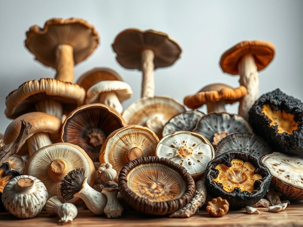 A detailed still-life arrangement showcasing an array of diverse medicinal mushroom specimens. In the foreground, several whole mushroom caps in varying shapes, sizes, and colors are displayed, including reishi, lion's mane, and chaga. The middle ground features sliced cross-sections revealing the internal structures and textures of these functional fungi. In the background, a softly lit, minimalist backdrop allows the mushrooms to take center stage. The lighting is soft and diffused, creating an atmosphere of tranquility and natural wonder. The camera angle is slightly elevated, providing an immersive, almost scientific perspective on these remarkable natural remedies.