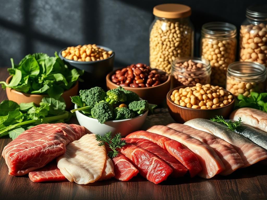 A detailed still life depicting various heme and non-heme iron sources. In the foreground, a variety of meats including beef, chicken, and fish fillets are arranged on a dark wood table. In the middle ground, leafy greens such as spinach, kale, and broccoli reside in ceramic bowls. The background features legumes like lentils, chickpeas, and kidney beans in glass jars. Dramatic side lighting casts interesting shadows, accentuating the textures and colors of the food items. The composition is balanced and visually appealing, showcasing the diverse range of iron-rich dietary options.