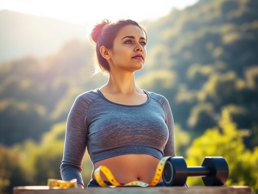 A determined woman standing confidently, her gaze fixed on the horizon. Sunlight bathes her face, exuding a sense of optimism and drive. In the foreground, a tape measure and a pair of dumbbells symbolize her weight loss journey, while the background features a lush, verdant landscape, conveying a feeling of rejuvenation and growth. The lighting is soft and natural, capturing the subject's determination and inner strength. The camera angle is slightly elevated, lending a sense of empowerment and self-assurance to the scene.