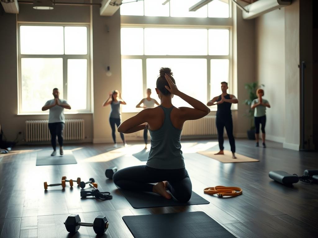 A dimly lit gym interior, with beams of natural light filtering through large windows. In the foreground, a person engages in a series of yoga poses, their movements fluid and purposeful. Surrounding them, various exercise equipment - dumbbells, resistance bands, and a yoga mat - are neatly arranged, conveying a sense of mindfulness and discipline. In the middle ground, a few other individuals are seen practicing tai chi or engaging in light cardio, their expressions serene and focused. The background features soothing, neutral-toned walls, creating a calming, sanctuary-like atmosphere that promotes mental and physical well-being.