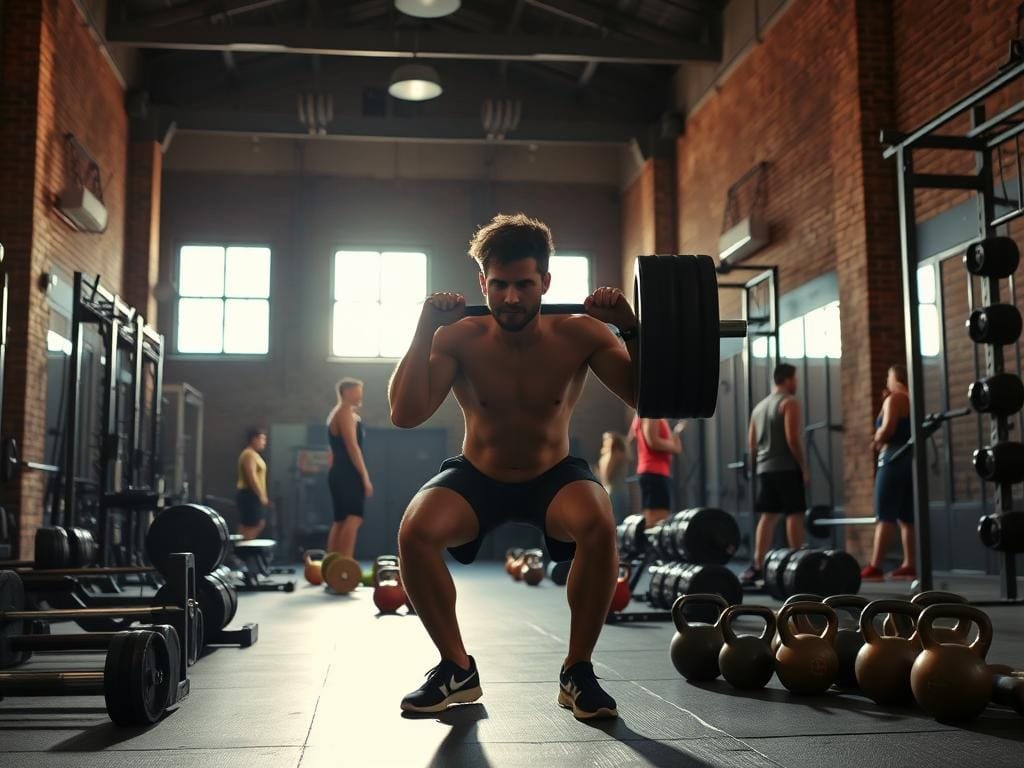 A dimly lit gym interior, with high ceilings and exposed brick walls. In the foreground, a person performs a weighted squat, their muscles straining with effort. Surrounding them, various strength training equipment such as barbells, dumbbells, and kettlebells are neatly arranged. The lighting is warm and focused, casting dramatic shadows that accentuate the subject's form. In the background, a few other individuals can be seen engaged in their own strength training routines, creating a sense of focused determination. The overall atmosphere is one of intensity, discipline, and the pursuit of physical transformation.