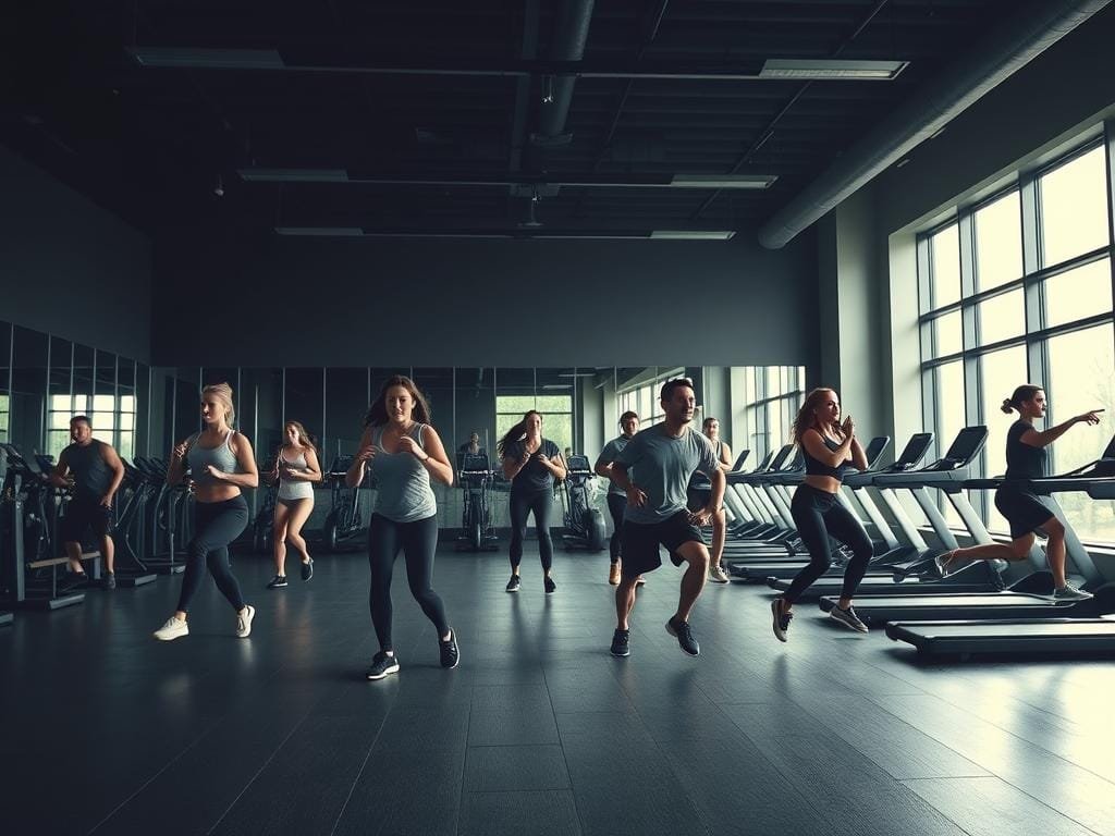 A dimly lit gym interior, with natural lighting streaming in through large windows. In the foreground, a group of people performing a variety of intense fat-burning exercises, such as burpees, jumping jacks, and high-intensity intervals. Their movements are sharp and dynamic, conveying a sense of determination and focus. In the middle ground, exercise equipment like treadmills, rowing machines, and free weights are arranged in a visually appealing, symmetrical layout. The background features a wall of mirrors, reflecting the exercisers and creating a sense of depth and energy. The overall atmosphere is one of a focused, high-intensity workout, with a touch of moody, cinematic lighting to enhance the impactful scene.