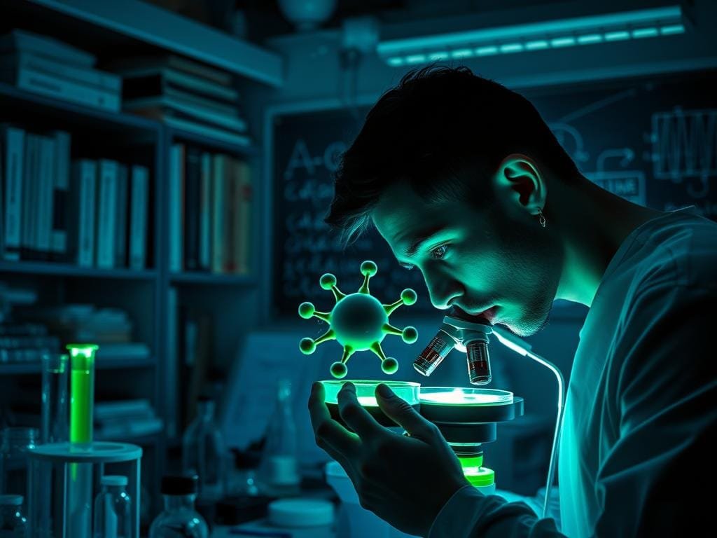 A dimly lit laboratory filled with glowing test tubes, scientific instruments, and a molecular model hovering in the middle ground. In the foreground, a biohacker examines a petri dish under a microscope, their face half-obscured by the green glow of the display. In the background, shelves of reference books and a chalkboard with complex equations and diagrams. The scene is bathed in a cool, bluish-tinted light, creating an atmosphere of cutting-edge scientific discovery and exploration. The overall mood is one of focus, curiosity, and the pursuit of knowledge through the lens of biohacking.
