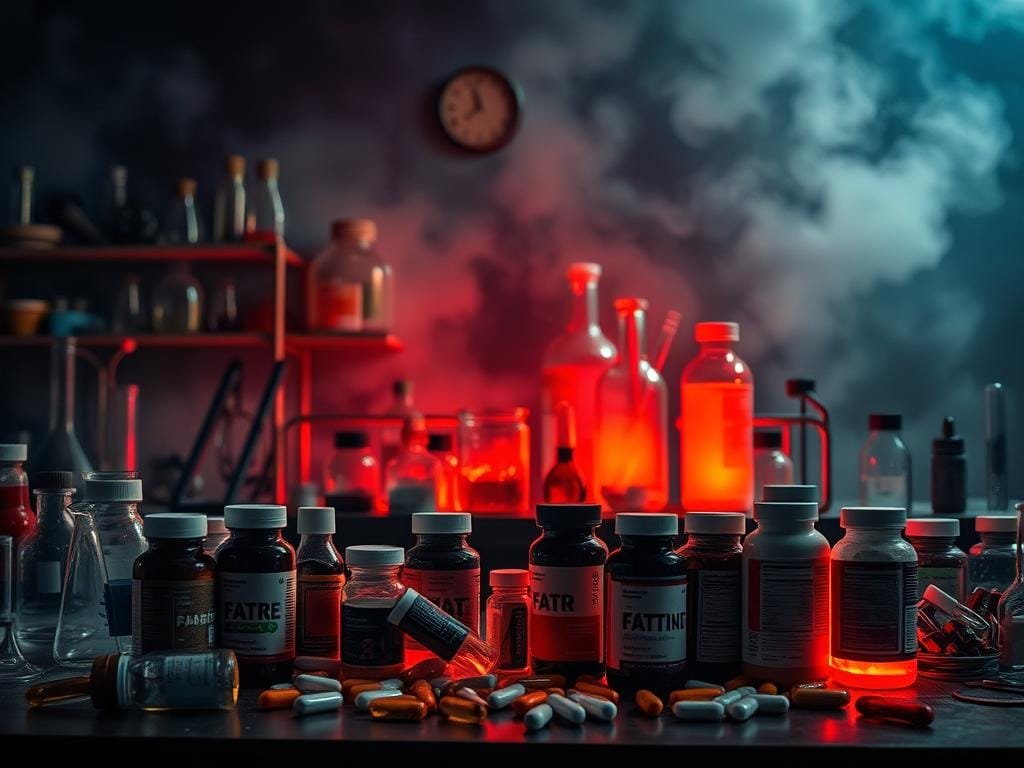 A dimly lit laboratory setting, with glass beakers, test tubes, and scientific equipment scattered across a cluttered workbench. In the foreground, a collection of various supplement bottles and pills, their labels hinting at "fat loss" and "weight management," cast in an ominous red-orange glow. The background is shrouded in a hazy, unsettling atmosphere, suggesting the potential risks and side effects of these questionable substances. The overall mood is one of caution and unease, inviting the viewer to consider the hidden dangers that may lurk within these seemingly innocuous "fat loss" supplements.