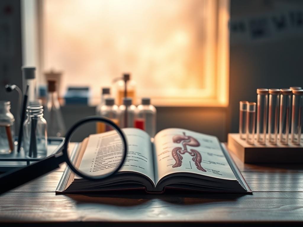 A dimly lit laboratory setting with various medical equipment and test tubes on a wooden table. In the foreground, a magnifying glass hovers over a medical textbook open to a page depicting risk factors for vitamin B12 deficiency, such as pernicious anemia, gastrointestinal disorders, and strict vegetarian or vegan diets. The middle ground features anatomical diagrams of the human digestive system, highlighting areas prone to B12 absorption issues. The background softly blurs into a hazy, contemplative atmosphere, conveying the seriousness and importance of understanding these risk factors. Warm, natural lighting casts a subtle glow, creating a sense of scientific inquiry and medical exploration.