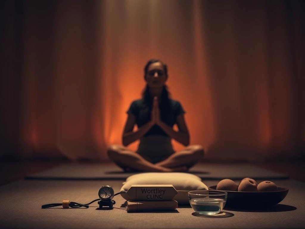 A dimly lit room with soft, warm lighting casting a calming glow. In the foreground, a person sits cross-legged, focused on their breathing, their eyes closed, their expression serene. In the middle ground, various breathwork tools and accessories are arranged neatly - a meditation cushion, a timer, and a small bowl of water. The background is hazy, with subtle patterns and textures that evoke a sense of introspection and inner peace. The overall atmosphere is one of tranquility, inviting the viewer to pause and reflect on the power of breathwork.