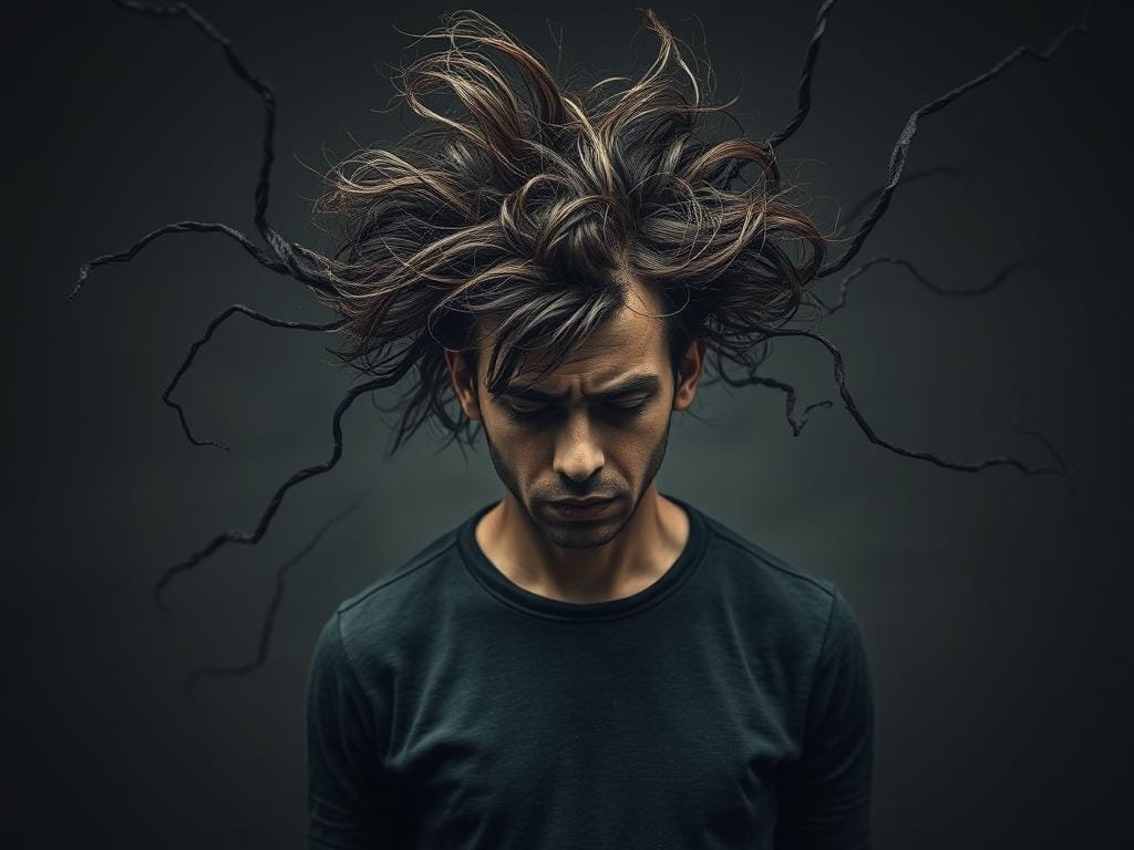 A distraught individual, hair unkempt and falling out, eyes sunken with exhaustion, stands amidst a swirling vortex of stress. Tendrils of dark energy emanate from the figure, symbolizing the overwhelming pressure and anxiety. The background is a muted, muted palette, casting a somber, overwhelmed atmosphere. Dramatic lighting from an unseen source casts harsh shadows, accentuating the individual's anguished expression. The overall scene conveys the profound impact that stress can have on hair health and growth, a poignant visual metaphor for the section's subject matter.