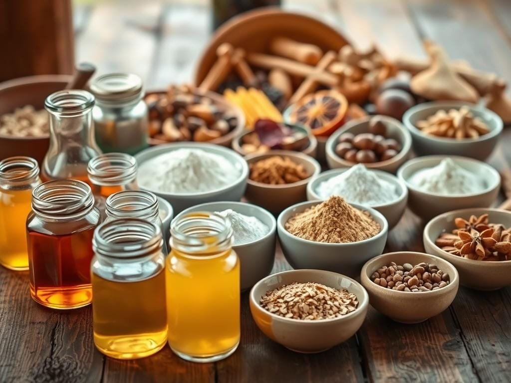 A diverse assortment of alternative sweeteners arranged on a rustic wooden table, bathed in warm, soft lighting. In the foreground, a selection of natural sweeteners such as honey, maple syrup, and agave nectar in glass jars. In the middle ground, an array of powdered sweeteners like stevia, monk fruit, and erythritol in elegant ceramic bowls. The background features a selection of dried fruits, nuts, and spices, hinting at the rich flavors and health benefits of these natural sugar alternatives. The overall composition exudes a sense of balance, purity, and inviting warmth, reflecting the idea of finding healthier, more sustainable sweetening options.