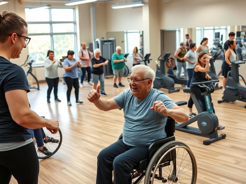 A diverse group of people of all ages and abilities engaged in various inclusive fitness activities in a well-equipped, brightly lit gym. In the foreground, a person in a wheelchair performs strength training with the help of a personal trainer. In the middle ground, older adults participate in a low-impact aerobics class, while in the background, young adults and teenagers use a variety of cardio and weight machines. The space is designed with accessibility in mind, featuring wide aisles, adjustable equipment, and inclusive signage. The mood is one of inclusivity, community, and a commitment to lifelong health and wellness.