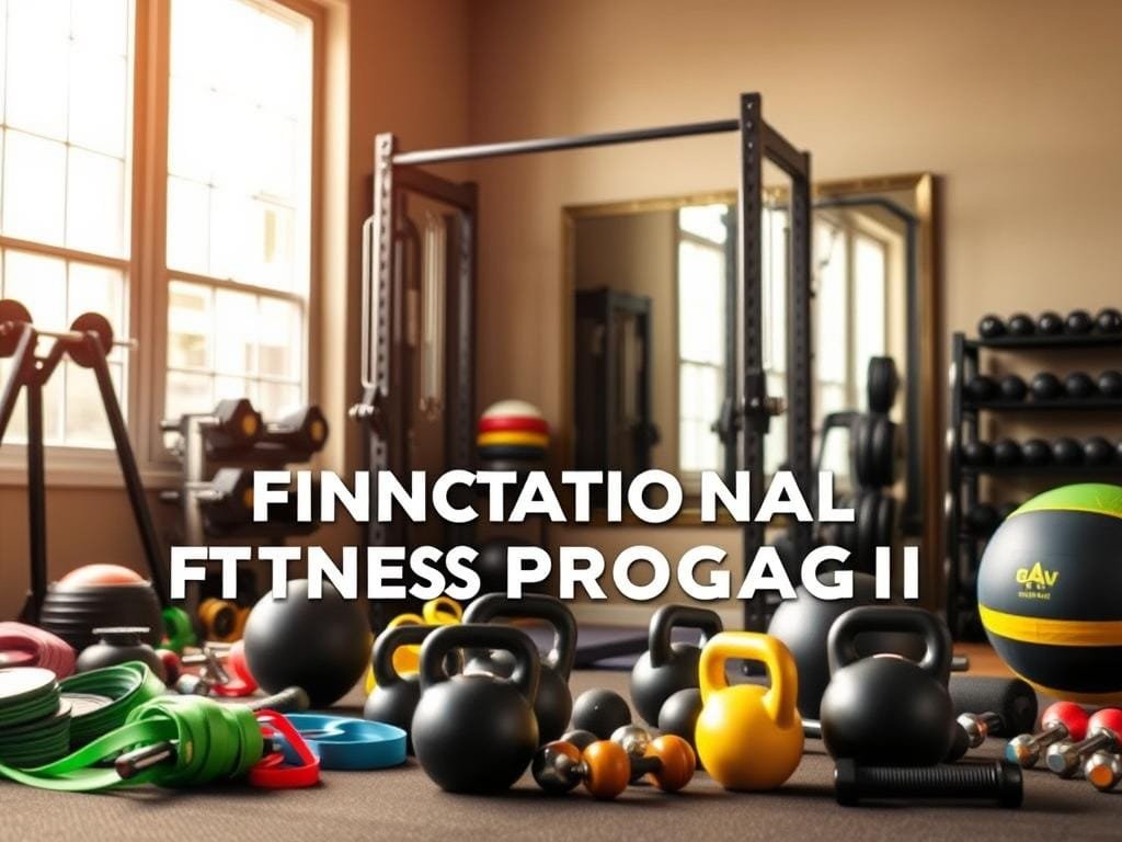 A functional fitness program setup featuring a well-equipped home gym. In the foreground, various workout equipment like resistance bands, kettlebells, medicine balls, and free weights are neatly arranged. The middle ground showcases a sturdy power rack with pull-up bar, allowing for compound exercises. In the background, a wall-mounted mirror reflects the scene, creating a sense of depth. The lighting is warm and natural, filtering through large windows, casting a soft glow on the equipment. The overall atmosphere conveys an inviting, motivational, and practical setting for a comprehensive functional fitness regimen.