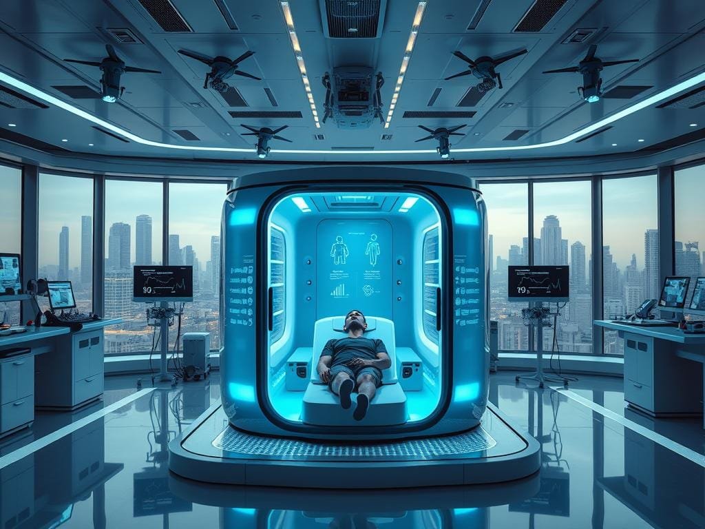 A futuristic laboratory filled with cutting-edge medical equipment and holographic displays. In the center, a high-tech recovery chamber glows with a soothing blue light, its transparent panels revealing an athlete in a state of deep relaxation. The background features sleek, minimalist architecture with floor-to-ceiling windows overlooking a cityscape of towering skyscrapers and hovering drones. Soft, ambient lighting creates a serene, therapeutic atmosphere, while advanced sensors and monitors track the athlete's biometrics. The scene conveys a vision of the future where recovery science has been elevated to new heights, seamlessly integrating technology, medicine, and human performance.