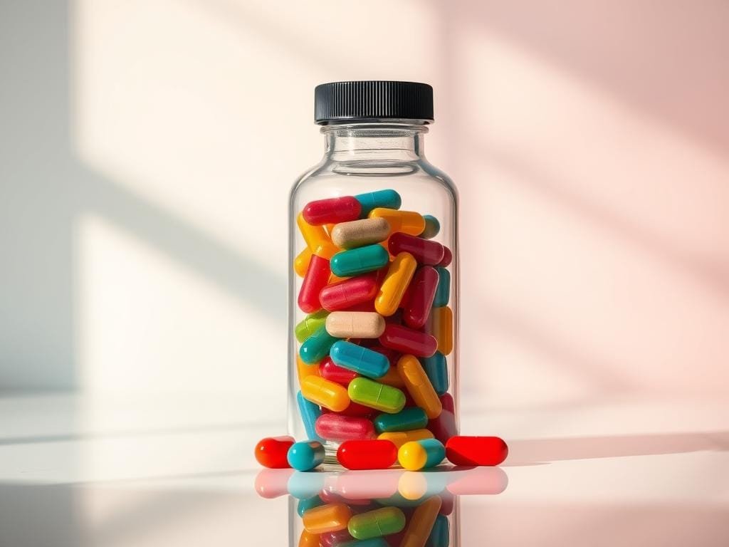 A glass bottle filled with colorful capsules on a reflective surface, illuminated by soft, natural lighting. In the background, a blurred, minimalistic backdrop of complementary colors creates a clean, scientific atmosphere. The capsules are depicted with a sense of depth and dimension, conveying the idea of a concentrated, potent formula. The overall composition suggests a visually appealing, high-quality health supplement product.
