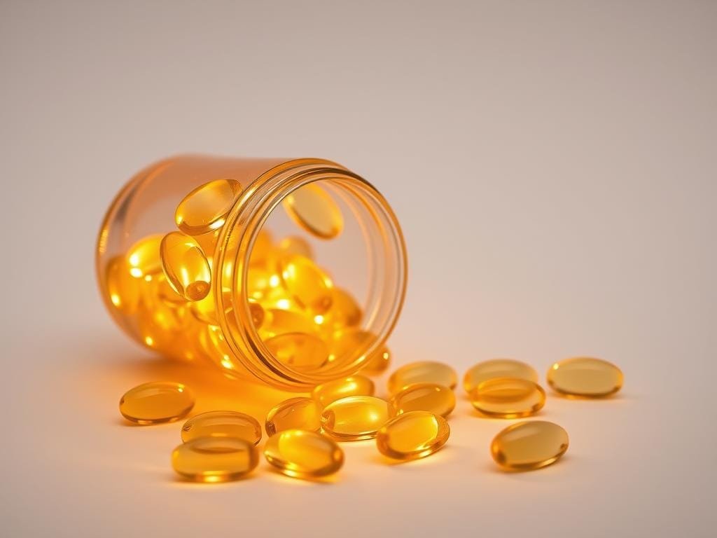 A glass bottle filled with soft-glow omega-3 softgel capsules, resting on a clean white background. The bottle is backlit, creating a warm, inviting atmosphere. The capsules are arranged in an artful, visually appealing manner, showcasing their rich, golden hue. The lighting accentuates the translucent nature of the softgels, giving them a luminous, almost ethereal quality. The overall composition is minimalist and elegant, drawing the viewer's focus to the high-quality omega-3 supplements.