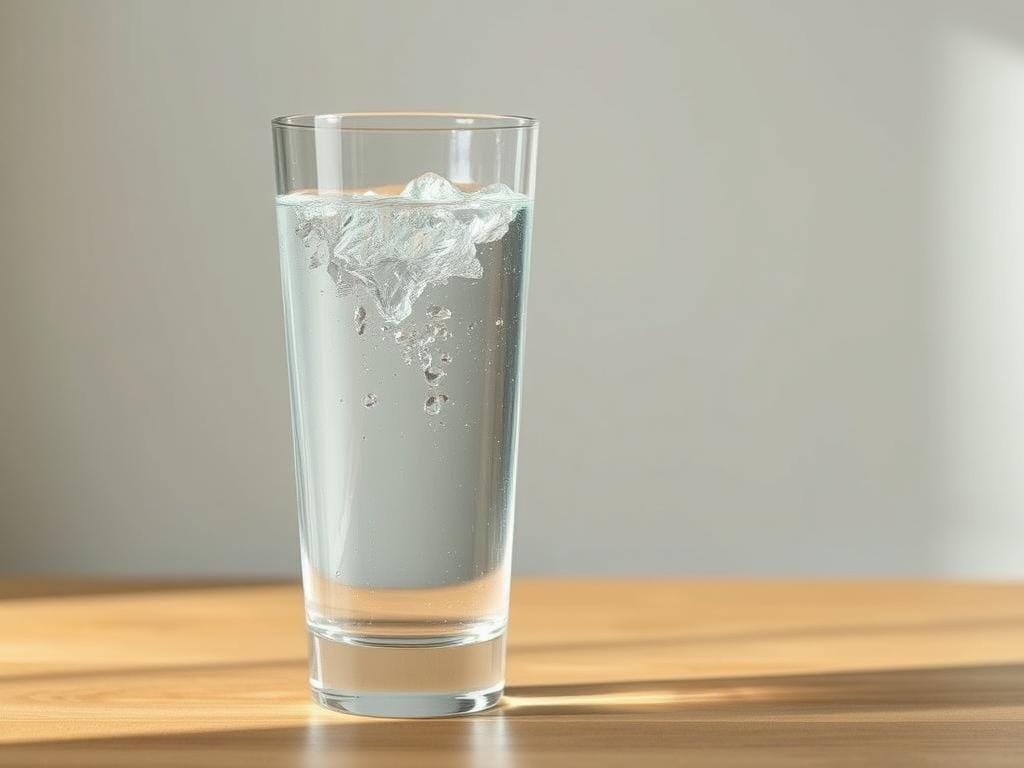 A glass of fresh, crystal-clear water set against a clean, minimalist background. The glass is positioned in the foreground, catching the light from a soft, diffused source, casting gentle shadows and highlights that accentuate the purity and refreshing nature of the water. The middle ground features a simple, uncluttered surface, perhaps a wooden table or countertop, allowing the water to be the focal point. The background is a muted, neutral tone, creating a sense of calm and focus on the central subject. The overall composition and lighting convey a message of hydration, health, and the importance of proper fluid intake for weight management and fat loss.