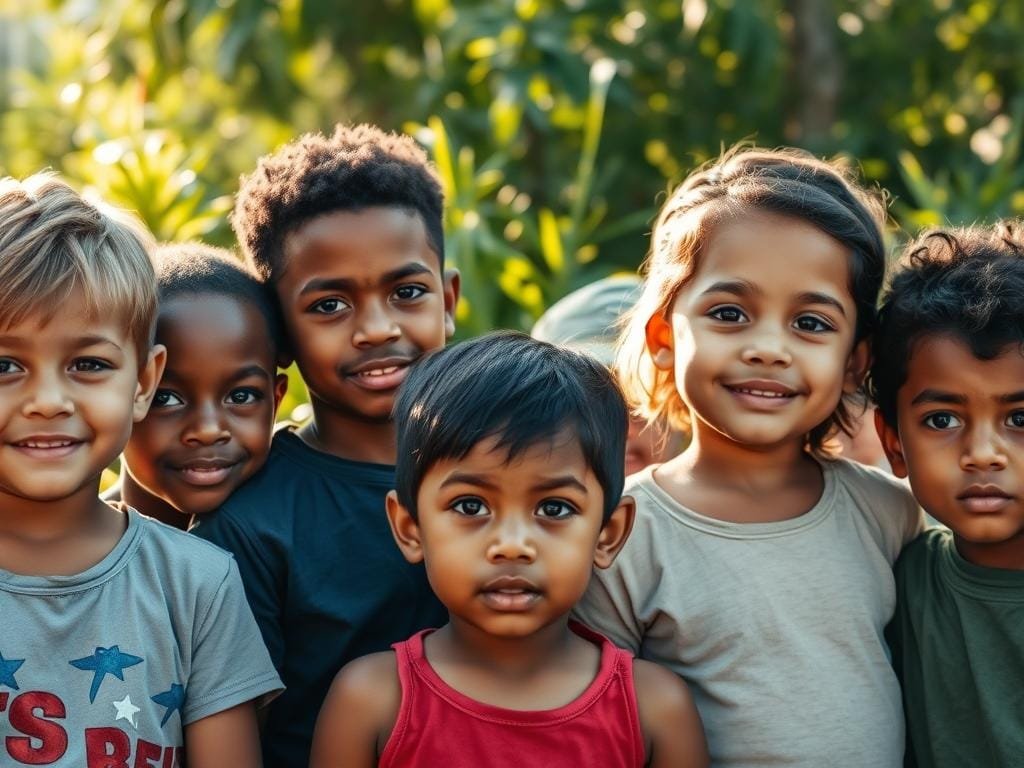 A group of diverse children, their faces radiating strength and determination, as they navigate the challenges of growing up. Sunlight filters through a lush, verdant background, casting a warm, hopeful glow. The children stand tall, their expressions a blend of resilience and perseverance, conveying the message that even in the face of adversity, they can find the courage to overcome. The image captures the essence of resilience, showcasing the innate ability of children to bounce back, adapt, and thrive in the face of life's obstacles.