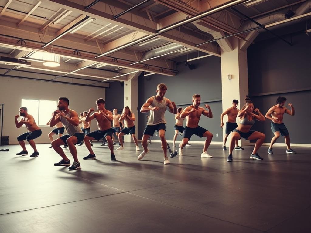 A high-contrast, wide-angle photograph of a group of people performing various functional fitness movement patterns in a spacious, well-lit gym. In the foreground, individuals are executing compound exercises like squats, lunges, and push-ups with perfect form, showcasing the integration of multiple muscle groups. In the middle ground, others are performing dynamic movements like plyometric jumps, burpees, and medicine ball slams, emphasizing power and explosiveness. The background features a minimalist, industrial-style setting with exposed beams and high ceilings, lending an atmospheric, performance-oriented vibe. Warm, directional lighting accentuates the participants' muscular definition and the fluid, coordinated nature of their movements, conveying the science and skill of functional fitness.