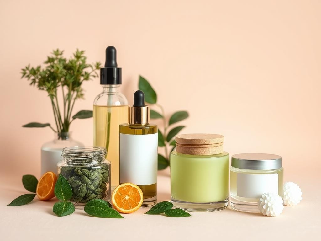A high-quality, macro-level still life image showcasing a selection of key anti-pollution skincare ingredients on a soft, neutral-toned background. Ingredients include spirulina, green tea, vitamin C, and niacinamide, presented in minimalist glass bottles and jars with clean, clinical lighting to highlight their natural colors and textures. The composition is balanced and symmetrical, with the ingredients arranged in an orderly grid pattern to convey a sense of order and scientific precision. The overall mood is serene, sophisticated, and visually appealing, reflecting the efficacy and purity of the featured skincare compounds.