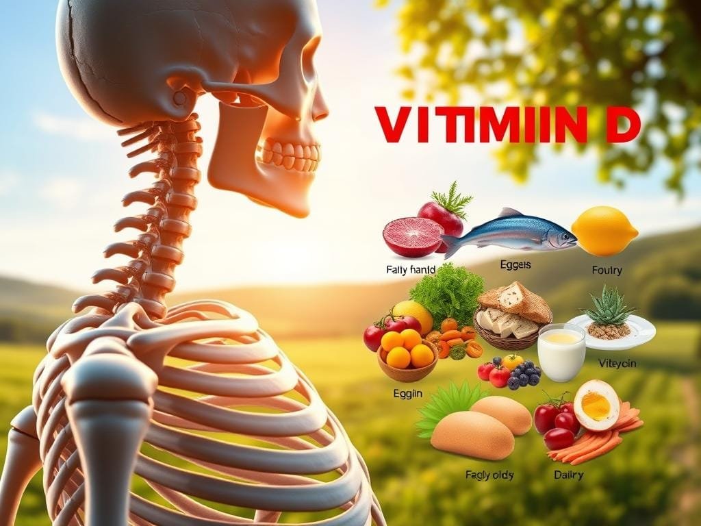 A high-resolution digital illustration showcasing the health benefits of vitamin D for strong bones. In the foreground, a detailed close-up of a human skeleton, with emphasis on the bone structure and anatomy. The skeleton is bathed in warm, golden light, symbolizing the sun's role in vitamin D production. In the middle ground, a vibrant, colorful array of nutrient-rich foods known to be rich in vitamin D, such as fatty fish, egg yolks, and fortified dairy products. The background features a serene, peaceful landscape with lush greenery, hinting at the connection between vitamin D, sunlight exposure, and overall well-being. The image conveys a sense of balance, vitality, and the importance of maintaining healthy bones through proper vitamin D intake.