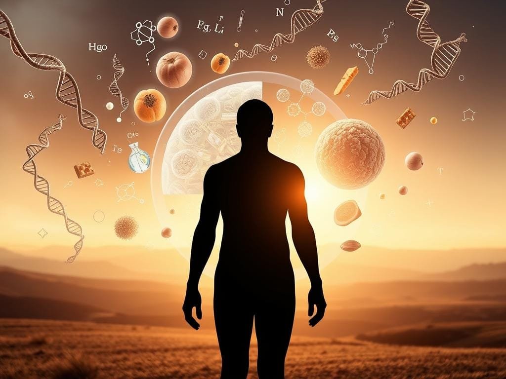 A high-resolution, photorealistic image of "Nutrition Genetics" showing a human silhouette in the foreground with various DNA strands, nutritional molecules, and scientific symbols floating around it. The middle ground features a microscopic view of genetic code and cellular structures, while the background depicts a serene, minimalist landscape with a soft, warm lighting creating a contemplative atmosphere. The overall composition should convey the concept of personalized nutrition based on individual genetic makeup.
