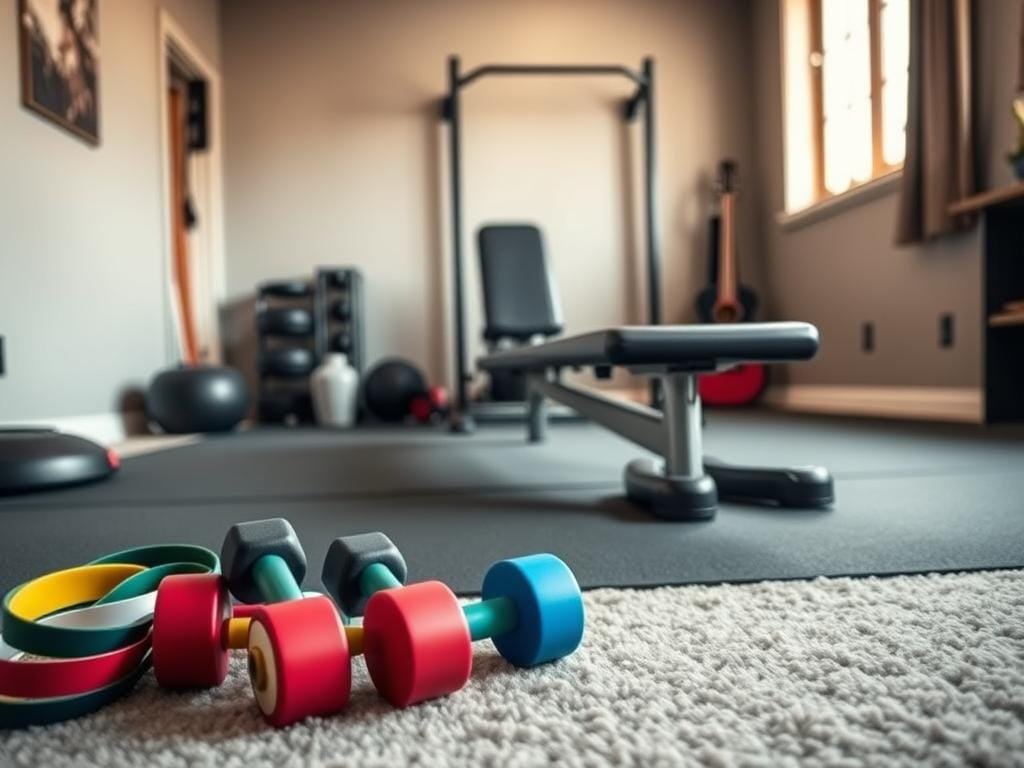 A home gym featuring a selection of budget-friendly fitness equipment. In the foreground, a sturdy resistance band set and a set of colorful dumbbells sit on a plush exercise mat. In the middle ground, a sleek, adjustable exercise bench stands ready for a full-body workout. In the background, a simple pull-up bar is mounted on the wall, bathed in warm, natural lighting from a large window. The overall atmosphere is one of functionality and accessibility, showcasing how one can build an effective workout space without breaking the bank.
