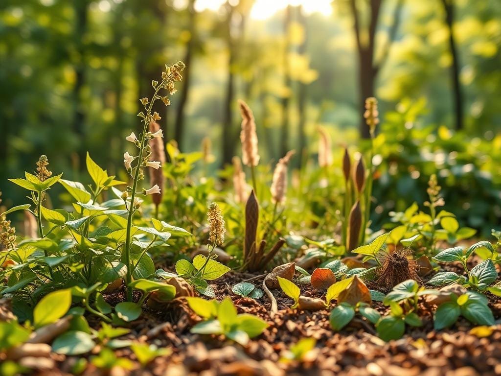 A lush, natural tableau showcasing an array of adaptogenic herbs. In the foreground, a vibrant display of gently swaying ashwagandha, maca, and eleuthero plants, their verdant leaves and delicate flowers bathed in warm, diffused sunlight. The middle ground features a scattering of ginseng, rhodiola, and holy basil, their earthy tones and intricate textures complementing the scene. In the soft, hazy background, a verdant forest canopy frames the serene, contemplative setting, evoking a sense of balance, resilience, and tranquility. Captured with a wide-angle lens and a shallow depth of field, the image radiates an atmosphere of natural harmony and wellness.