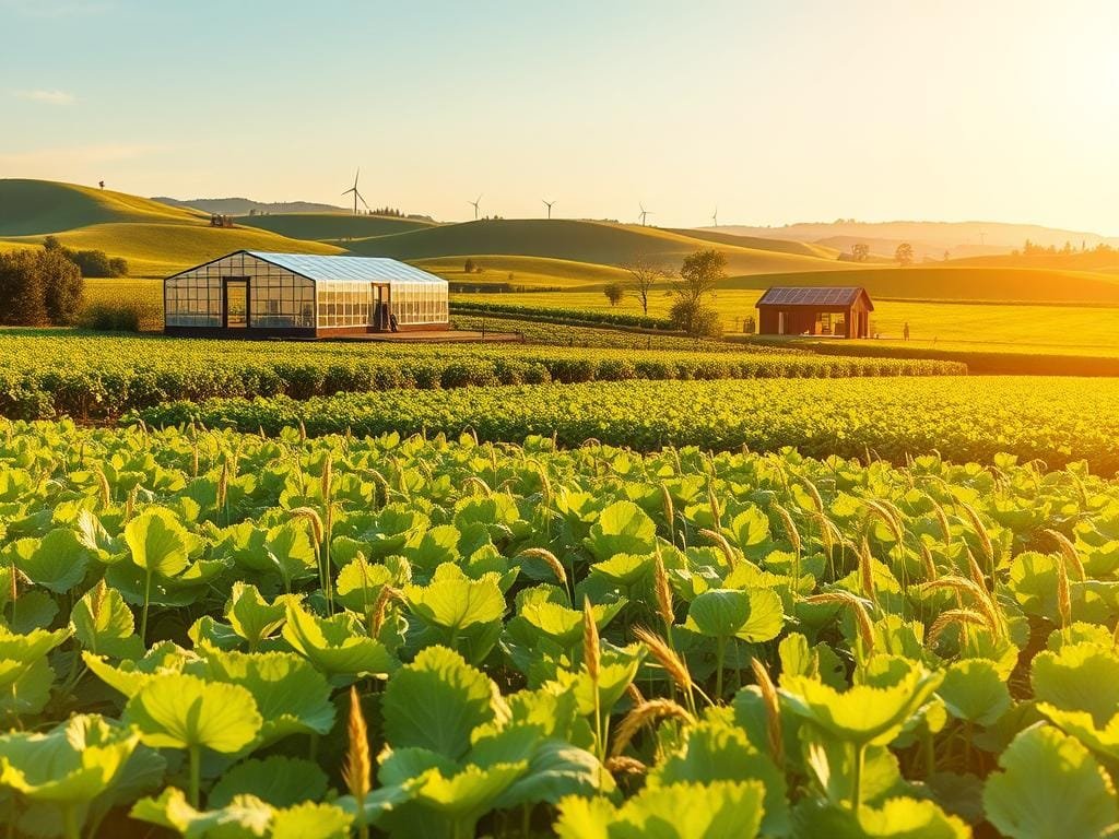 A lush, verdant field of diverse crops stretches out, bathed in warm, golden sunlight. In the foreground, rows of thriving vegetables and grains sway gently in a light breeze. In the middle ground, a modern, energy-efficient greenhouse stands, its glass panels reflecting the sky. In the background, a small, sustainable farm with solar panels and wind turbines nestles among rolling hills. The scene conveys a harmonious balance between nature and technology, where innovative farming practices coexist with environmental stewardship, creating a vision of sustainable food production that nourishes both people and the planet.