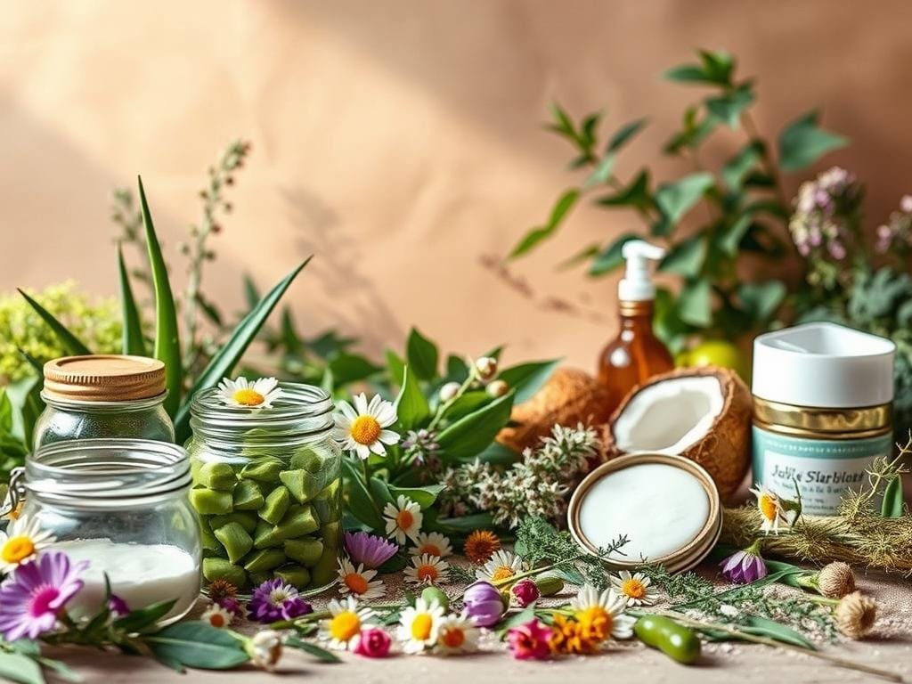A lush, verdant scene showcases an array of sustainable cosmetic products. In the foreground, glass jars and tin containers hold natural ingredients like aloe vera, chamomile, and coconut oil. The middle ground features a scattering of fresh flowers, herbs, and botanicals, all bathed in warm, diffused lighting. In the background, a minimalist, earthy-toned background accentuates the organic, eco-friendly nature of the products. The overall composition conveys a sense of purity, simplicity, and environmental consciousness, reflecting the "common myths about clean beauty" that the image aims to debunk.