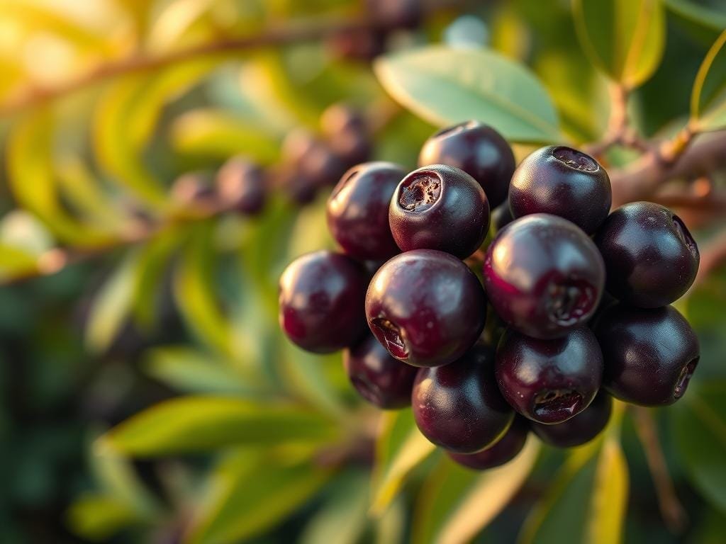 A lush, vibrant photograph of a cluster of fresh acai berries against a backdrop of lush, verdant foliage. The berries are plump, glossy, and bursting with an intense, deep purple hue, their surface reflecting the soft, warm lighting. The foreground is in sharp focus, with the berries appearing to almost jump off the frame, while the background gently fades into a blurred, dreamlike tapestry of green leaves and branches. The lighting is soft and diffused, creating a sense of natural, organic beauty. The overall composition is balanced and visually striking, highlighting the captivating essence of this superfood.