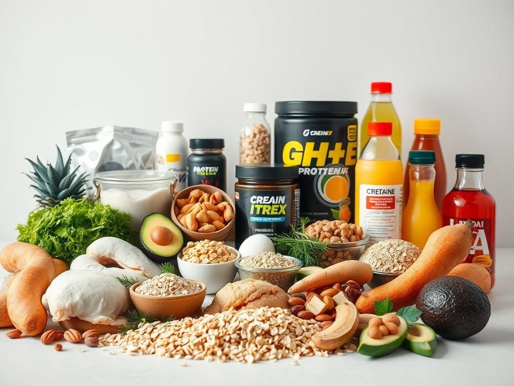 A meticulously arranged still life showcasing the essential nutrients for strength training. In the foreground, a variety of whole foods like lean protein sources (chicken, eggs, fish), complex carbohydrates (oats, quinoa, sweet potatoes), and healthy fats (avocado, nuts, olive oil) are precisely positioned. The middle ground features supplemental items like protein powder, creatine, and electrolyte-rich drinks, all set against a clean, minimalist background with soft, natural lighting. The composition emphasizes the importance of a balanced, nutrient-dense diet to fuel muscle growth, recovery, and overall performance for strength training enthusiasts.