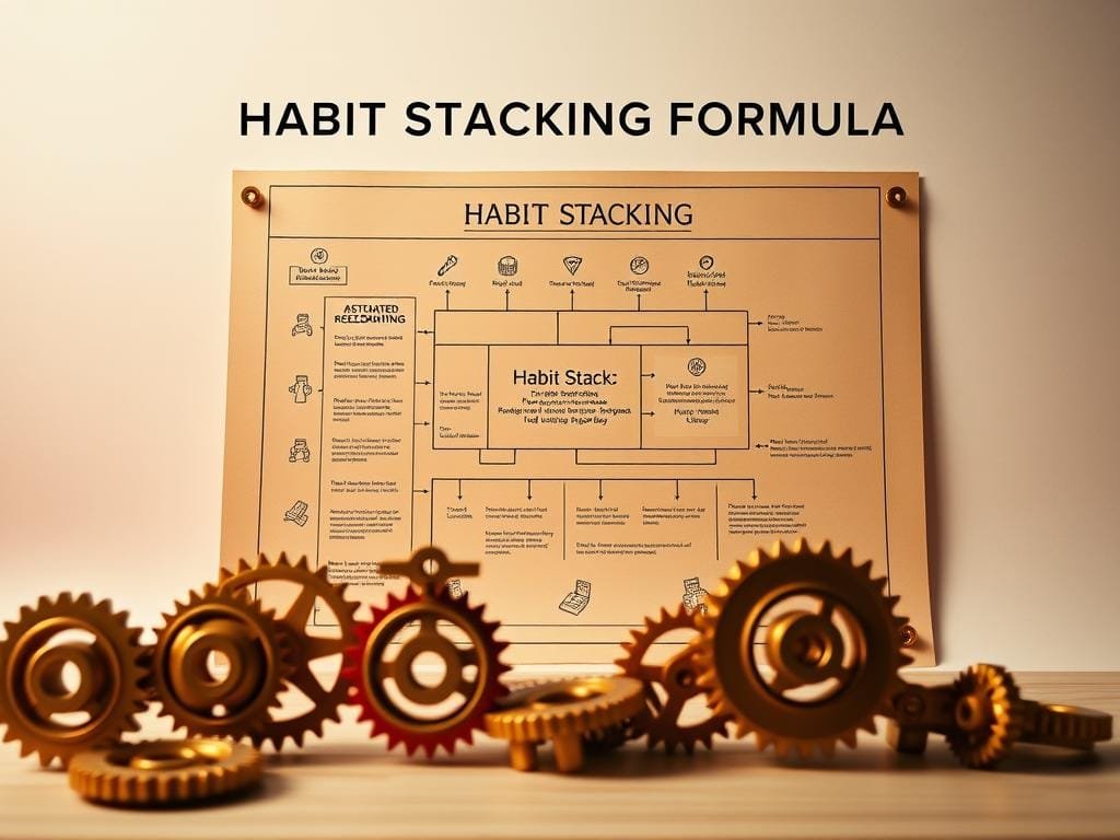 A meticulously designed blueprint showcasing the "Habit Stacking Formula" against a minimalist backdrop. In the foreground, a series of interlocking gears and cogs symbolize the interconnected nature of habits, rendered in a warm, metallic palette. The middle ground features a finely detailed schematic diagram, its lines and shapes guiding the viewer through the step-by-step process of habit stacking, lit by a soft, directional light. In the background, a subtle gradient of complementary colors evokes a sense of focus and intentionality, creating a cohesive and visually striking composition.