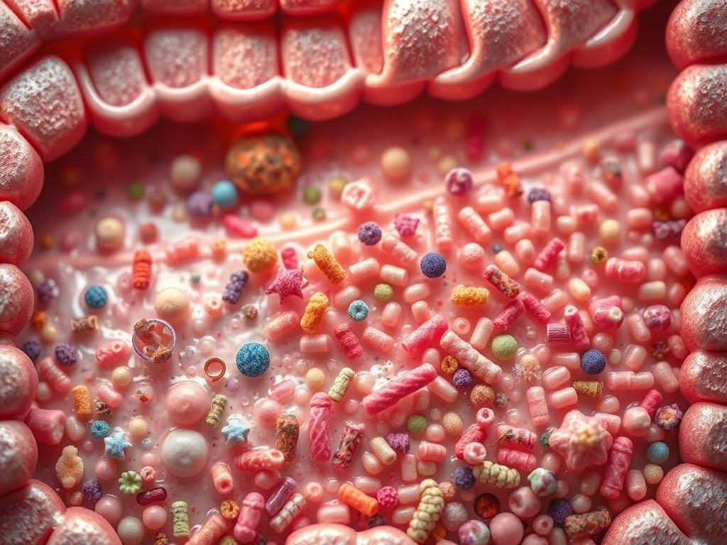A microscopic cross-section of the human gut, revealing a diverse ecosystem of colorful microbiota. In the foreground, rod-shaped bacteria, spherical yeasts, and spiral-shaped archaea thrive in a matrix of mucus and digestive enzymes. The middle ground showcases the intricate network of intestinal villi, each populated by a unique microbial community. In the background, a detailed rendering of the gut's epithelial lining, with its delicate folds and absorptive surfaces. Soft, diffused lighting illuminates the scene, capturing the dynamic interplay between the gut microbiome and its host. The overall composition conveys the vital role of these microbial inhabitants in maintaining digestive health and a balanced gut-brain axis.