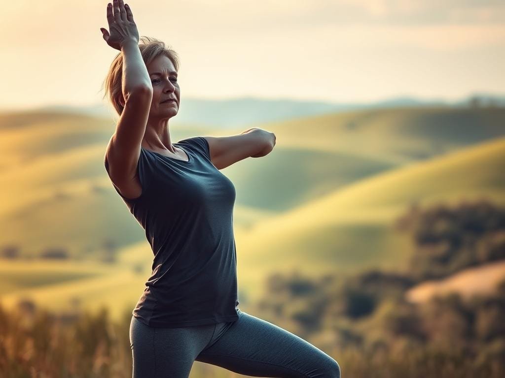 A middle-aged woman performs a yoga pose in a serene, natural setting. Soft, warm lighting illuminates her graceful movements as she stretches and balances, her face exuding a sense of inner peace and focus. In the background, a lush, verdant landscape with rolling hills and a clear sky creates a tranquil atmosphere, symbolizing the harmony between exercise, nature, and hormonal health. The image conveys the idea that a holistic, mindful approach to physical activity can help manage the challenges of menopause.