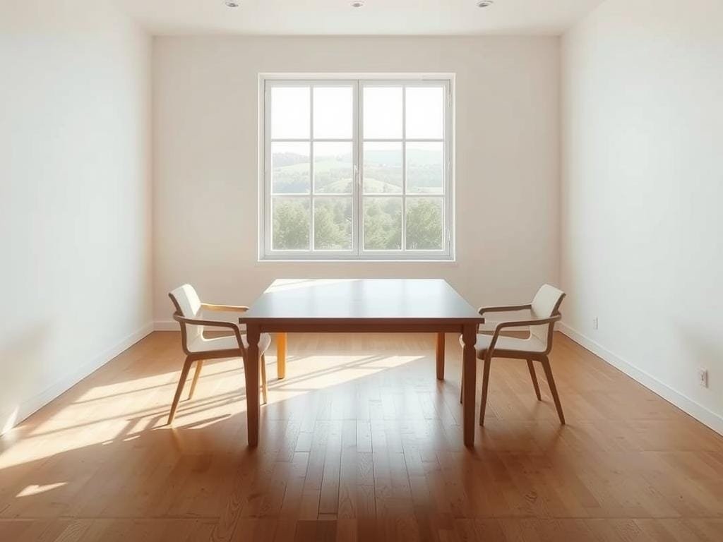 A minimalist mindset, a serene sanctuary of simplicity. A stark, ethereal room bathed in soft, diffused natural light, its walls devoid of clutter, the space unencumbered by excess. In the center, a plain wooden table, its surface smooth and unadorned, symbolizing the tranquility of a decluttered life. Surrounding it, simple, elegant chairs, their clean lines and neutral tones reflecting the clarity of thought. The floor, a smooth expanse of polished hardwood, leads the eye to a large window, framing a picturesque landscape of rolling hills and distant trees, a gentle reminder of the natural world beyond. An atmosphere of quiet contemplation, where the mind can find respite and focus, unencumbered by the distractions of the material world.