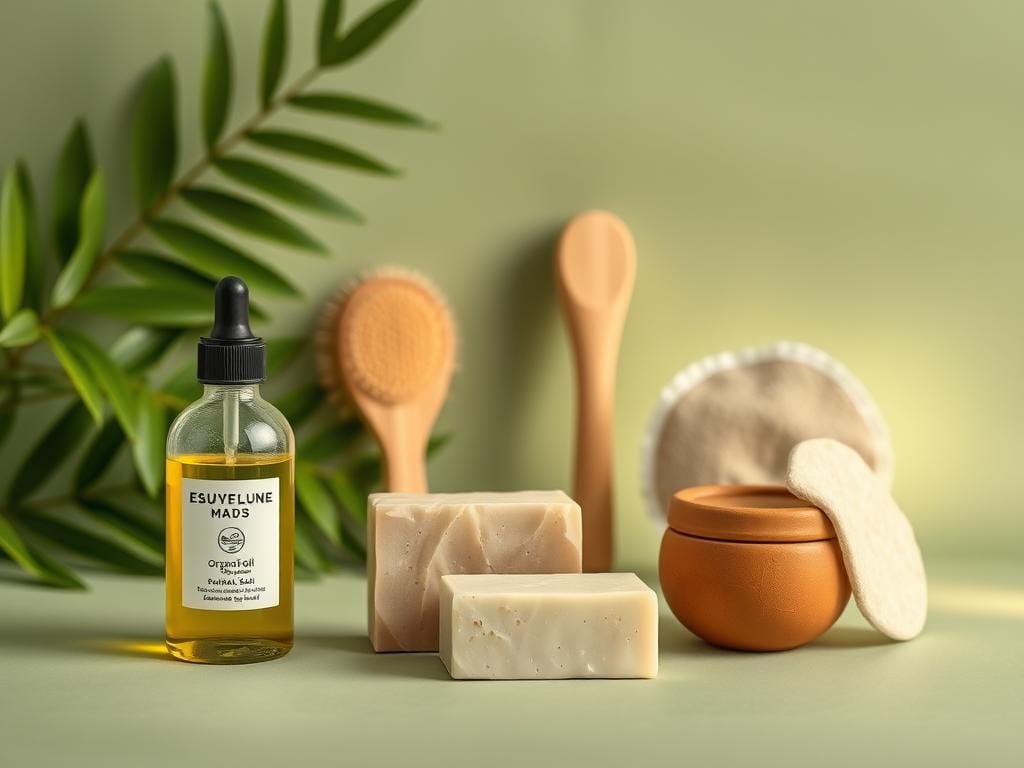 A minimalist still life showcasing an assortment of natural, eco-friendly beauty essentials against a soft, muted green background. In the foreground, an array of organic skincare products including a glass bottle of facial oil, a bar of artisanal soap, and a small clay jar of exfoliating scrub. In the middle ground, a bamboo brush and a reusable makeup remover pad. In the background, lush, verdant leaves create a tranquil, nature-inspired atmosphere. Subtle warm lighting from an unseen source casts a gentle, glowing effect, emphasizing the natural, sustainable qualities of the items. The overall mood is one of simple elegance and environmental consciousness.