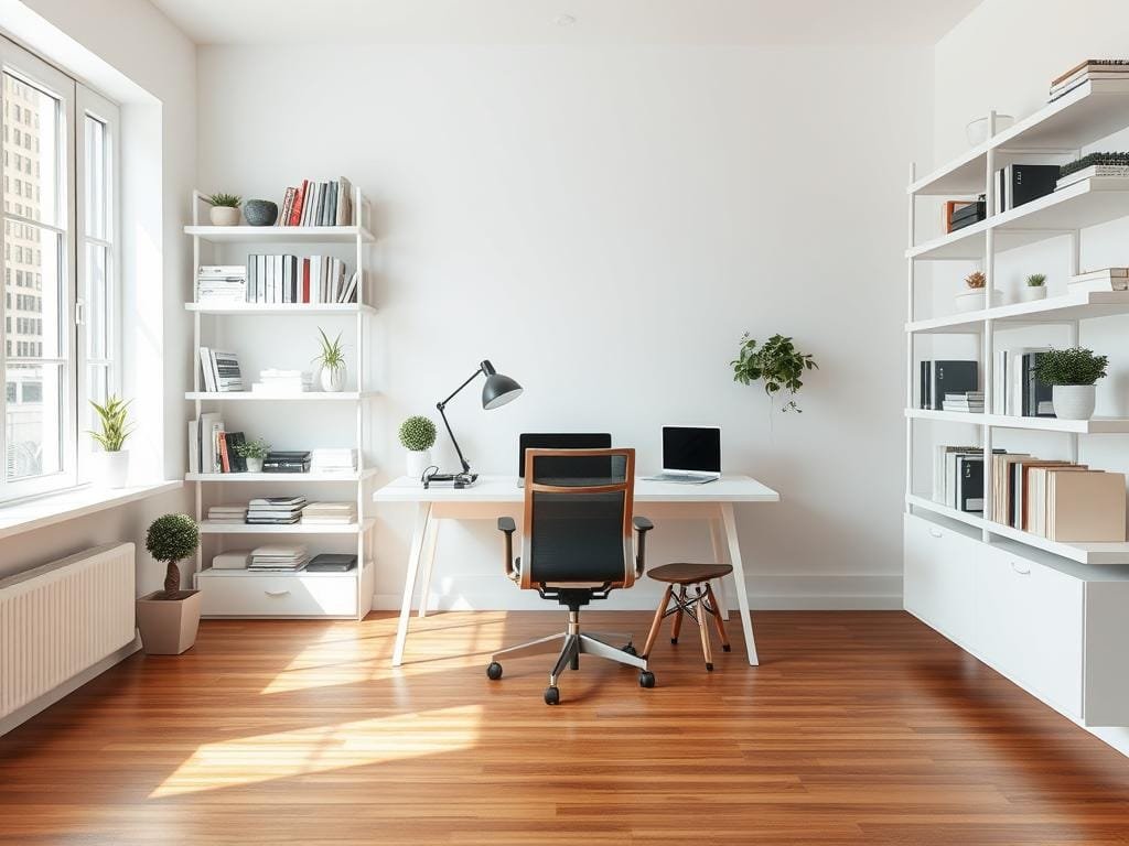 A minimalist, well-organized home office in a cozy, well-lit room. Sleek, white floating shelves line the walls, displaying neatly arranged books, plants, and a few decorative items. A large, uncluttered desk sits in the center, with a modern, ergonomic chair and a minimalist desk lamp. The floors are hardwood, and large windows let in natural light, creating a serene, calming atmosphere. The room is clutter-free, with a clean, unobtrusive design that promotes focus and productivity. The overall impression is one of simplicity, order, and tranquility.