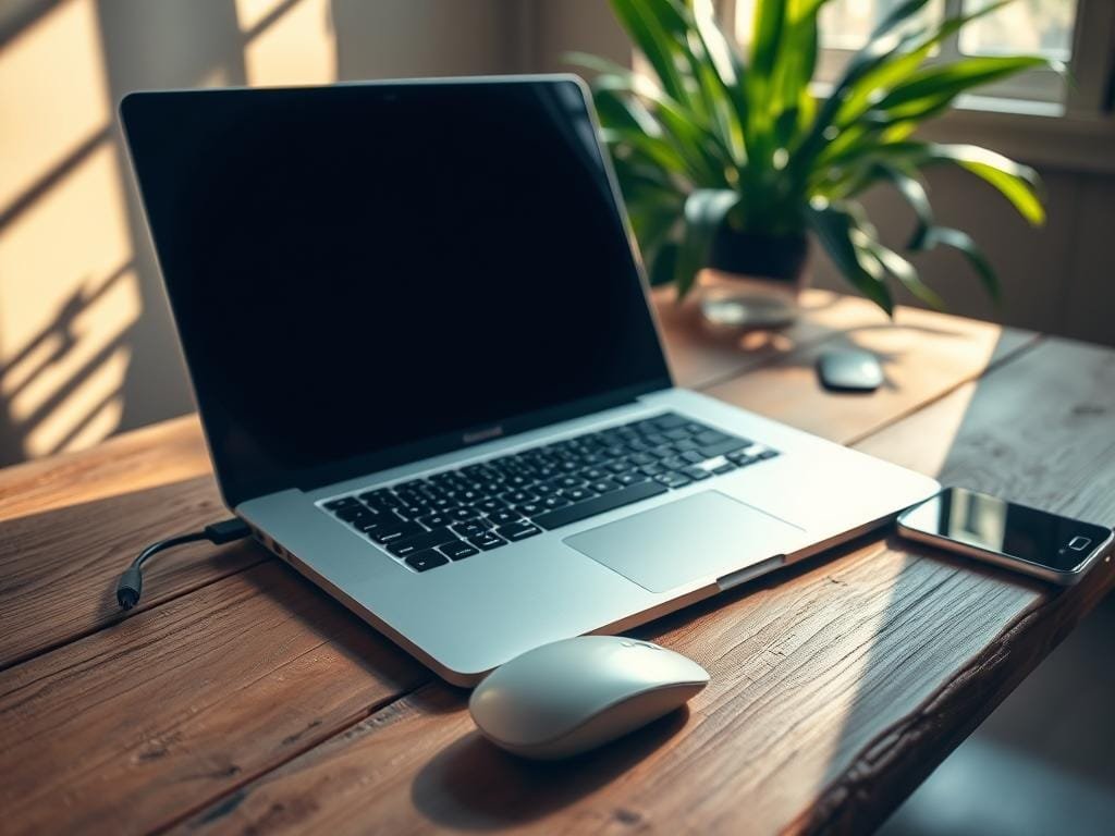 A modern digital nomad's workspace, with a sleek laptop, a compact wireless mouse, and a minimalist smartphone, all neatly arranged on a rustic wooden table. The setting is bathed in warm, natural lighting, creating a cozy, productive atmosphere. In the background, a lush, verdant plant adds a touch of life and vibrancy to the scene. The composition emphasizes the harmony between technology and nature, reflecting the digital nomad's ability to work from anywhere while embracing the beauty of the world around them.
