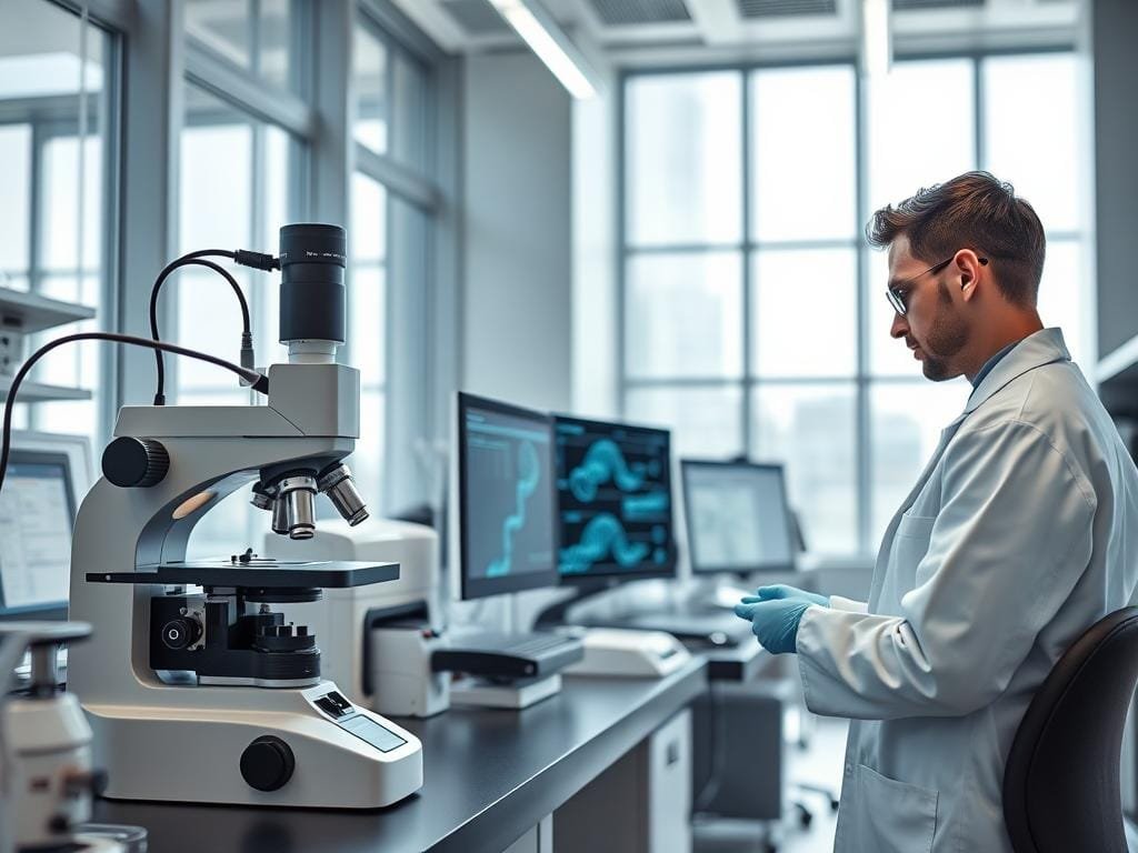 A modern research laboratory with state-of-the-art genetic testing equipment. In the foreground, a scientist in a white lab coat carefully examines a DNA sample under a high-powered microscope. The middle ground shows various diagnostic instruments and computer monitors displaying complex genetic data. In the background, a sleek, minimalist interior with large windows allows natural light to flood the space, creating a sense of innovation and scientific progress. The overall mood is one of precision, technology, and the cutting edge of personalized medicine.
