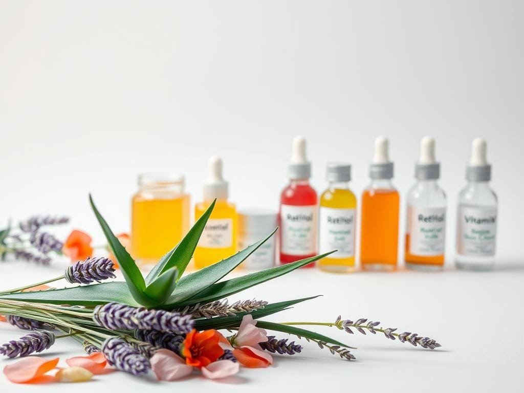 A neatly arranged assortment of premium skincare ingredients, captured in a crisp, high-resolution photograph with a soft, diffused lighting setup. In the foreground, a selection of natural botanicals such as rosehip, aloe vera, and lavender flowers are delicately positioned. In the middle ground, several glass jars and vials containing active compounds like retinol, hyaluronic acid, and vitamin C serums are showcased against a clean, minimalist background. The overall composition exudes a sense of purity, innovation, and the cutting edge of modern skincare technology.