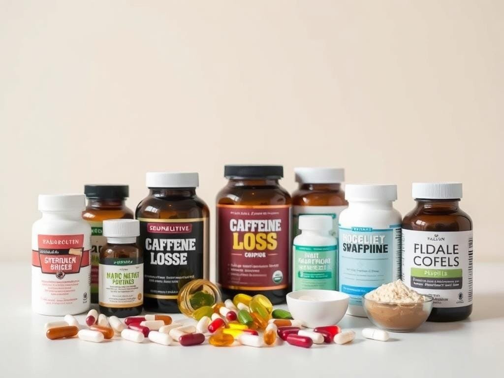 A neatly arranged display of various caffeine-free weight loss supplements, including capsules, tablets, and powders, set against a clean, minimalist background. The foreground showcases the products with a soft, even lighting that highlights their textures and colors, while the middle ground features a subtle backdrop of complementary hues. The overall atmosphere conveys a sense of purity, simplicity, and health-conscious focus, inviting the viewer to consider the potential benefits of these caffeine-free alternatives as part of a balanced weight loss plan.