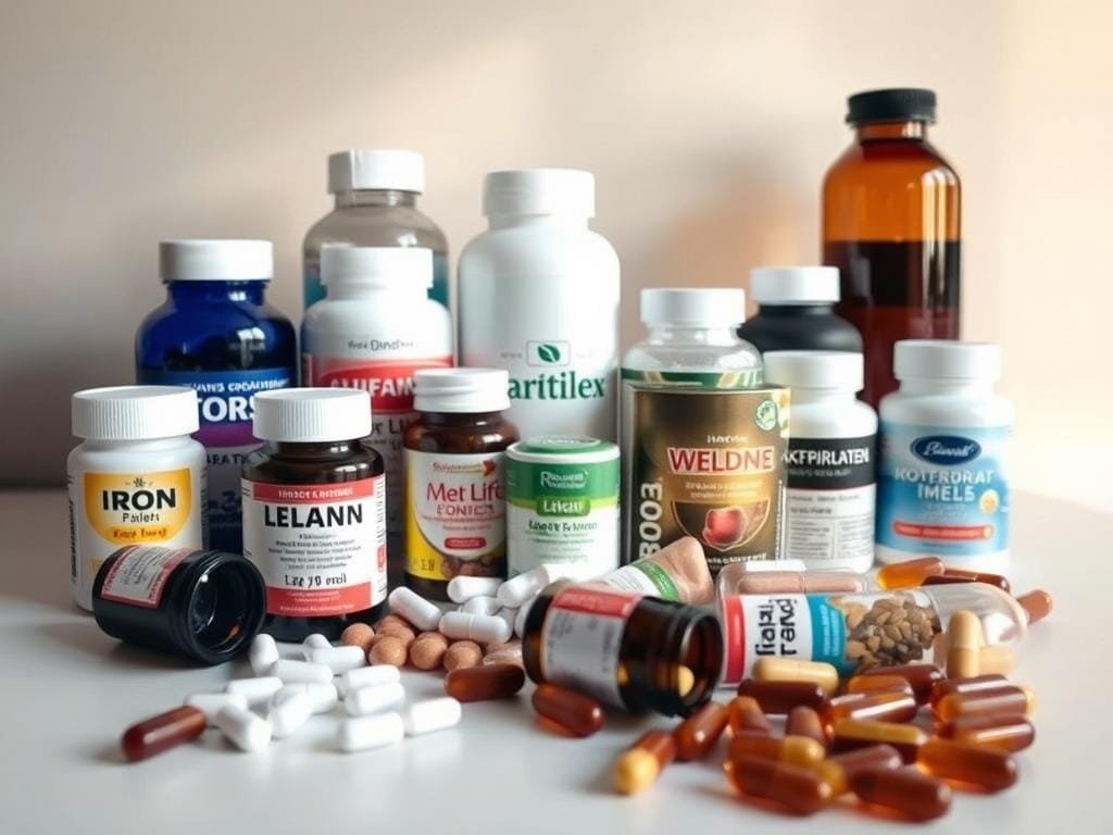A neatly arranged still life featuring various iron supplement containers and capsules. The foreground showcases an array of different iron supplements, including tablets, capsules, and liquid formulas, all resting on a clean, minimalist surface. The middle ground presents a selection of different supplement brands, each with their own distinctive packaging and branding. The background is softly blurred, creating a sense of depth and focus on the supplements themselves. The overall lighting is warm and natural, accentuating the earthy tones of the iron supplements. The composition is balanced and symmetrical, creating a sense of order and professionalism, reflecting the informative nature of the article section.