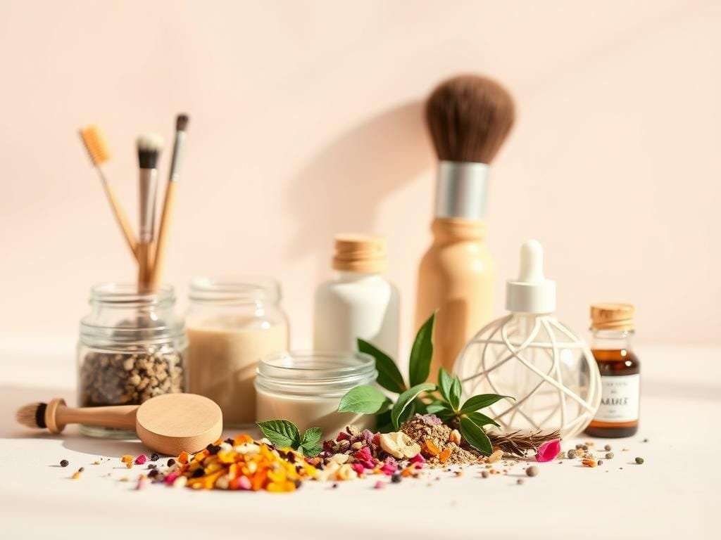 A neatly arranged still life of cruelty-free cosmetic products against a soft, pastel background. The foreground features a variety of sustainable beauty items such as glass jars, bamboo brushes, and reusable makeup pads, all bathed in warm, natural lighting. The middle ground showcases vibrant, ethically sourced ingredients like crushed flowers, herbs, and essential oils. In the background, a blurred, minimalist backdrop emphasizes the clean, eco-friendly aesthetic. The overall mood is one of mindfulness, purity, and a commitment to responsible consumerism.