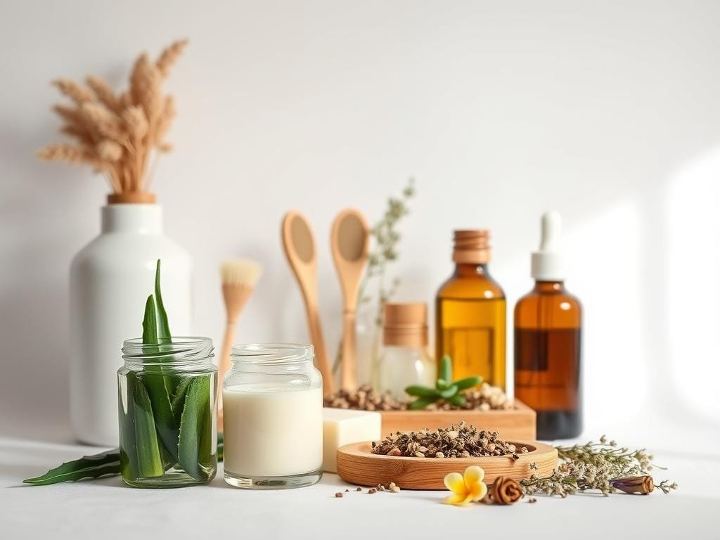 A neatly arranged still life showcasing an assortment of eco-friendly skincare products. In the foreground, there are glass jars and bottles filled with natural, plant-based ingredients like aloe vera, shea butter, and essential oils. The middle ground features bamboo brushes, a wooden soap dish, and a tray of dried herbs and flowers. The background is a minimalist, white backdrop, creating a clean and serene atmosphere. Soft, diffused lighting from the side gently illuminates the scene, highlighting the organic textures and earthy tones of the products. The overall mood is one of simplicity, sustainability, and a commitment to responsible, natural self-care.