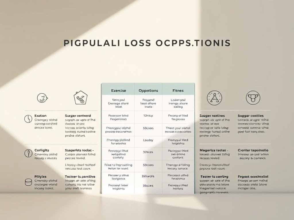 A neatly organized comparison of popular weight loss programs, showcased in a stylish infographic layout. The foreground features sleek icons and minimalist graphics representing different diets and fitness regimens, each with a concise description. In the middle ground, a clean grid layout allows for side-by-side comparisons of key metrics like calorie intake, exercise requirements, and success rates. The background is a soft, muted gradient that creates a sense of balance and sophistication, letting the information take center stage. Lit by natural, diffused lighting that casts gentle shadows, conveying an atmosphere of authority and trustworthiness.