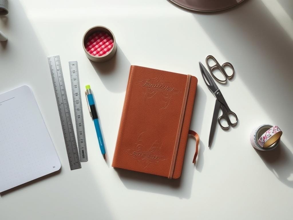 A neatly organized desk displays an array of bullet journal supplies, including a leather-bound notebook, a set of fine-tipped pens in various colors, a ruler, a pair of scissors, and a small pot of washi tape. Soft, diffused lighting illuminates the scene, casting subtle shadows and highlighting the textures of the materials. The layout is intentional and visually appealing, conveying a sense of focus, creativity, and productivity. The overall atmosphere is calming and inspiring, perfectly suited for the "Getting Started with Your Bullet Journal" section of the article.