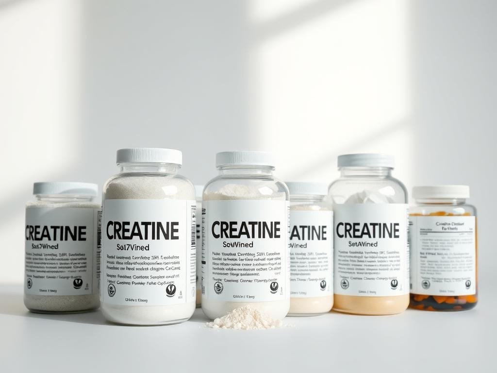 A neatly organized display of various creatine supplements, showcased against a clean, minimalist background. The foreground features several transparent bottles filled with distinct creatine powder forms, including monohydrate, micronized, and alkaline varieties. The middle ground highlights informative labels detailing the unique properties and potential benefits of each creatine type. The background is a softly lit, studio-like setting, emphasizing the products' quality and presentation. The overall composition conveys a sense of clarity and educational focus, inviting the viewer to explore the nuances of different creatine supplements.