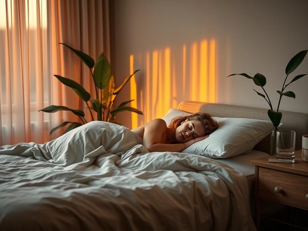 A peaceful bedroom scene at dusk, bathed in warm, golden light filtering through sheer curtains. On a plush, inviting bed, a person rests peacefully, their face serene and expression tranquil. Lush, verdant plants and a nightstand with a glass of water create a soothing, minimalist atmosphere. Soft textures, muted colors, and a sense of calm permeate the space, conveying the importance of optimized sleep for extended vitality and longevity.